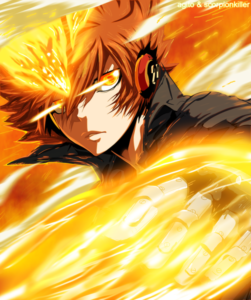 Anime picture 1200x1432 with katekyou hitman reborn sawada tsunayoshi aagito single tall image short hair brown hair yellow eyes coloring magic glowing glowing eye (eyes) boy gloves headphones fire