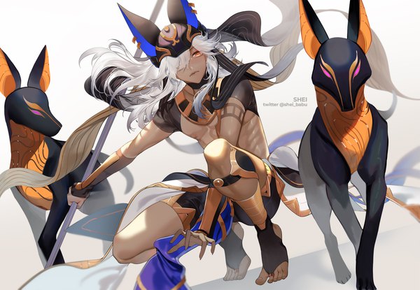 Anime picture 2500x1731 with genshin impact cyno (genshin impact) shei99 single long hair fringe highres signed looking away silver hair full body traditional clothes hair over one eye orange eyes no shoes dark skin squat egyptian clothes boy animal