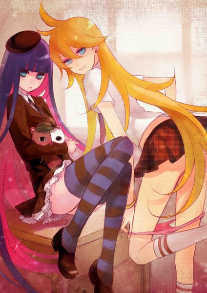 Anime picture 2480x3507 with panty & stocking with garterbelt anarchy stocking anarchy panty ask (askzy) long hair tall image highres blue eyes light erotic blonde hair smile sitting multiple girls multicolored hair two-tone hair colored inner hair girl thighhighs skirt uniform