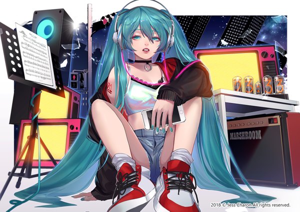 Anime picture 1920x1357 with vocaloid hatsune miku jing (1561659763) single fringe highres breasts light erotic hair between eyes sitting twintails holding signed looking away full body bent knee (knees) very long hair nail polish parted lips aqua eyes