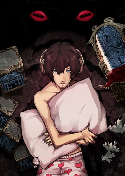 Anime picture 2480x3507 with catherine (game) vincent brooks tall image highres short hair blue eyes black hair bare shoulders horn (horns) boy pillow