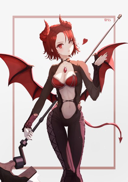 Anime-Bild 3035x4299 mit king's raid epis (king's raid) eichi (skskdi12z) single tall image looking at viewer fringe highres short hair breasts light erotic simple background red eyes standing white background holding absurdres red hair tail long sleeves