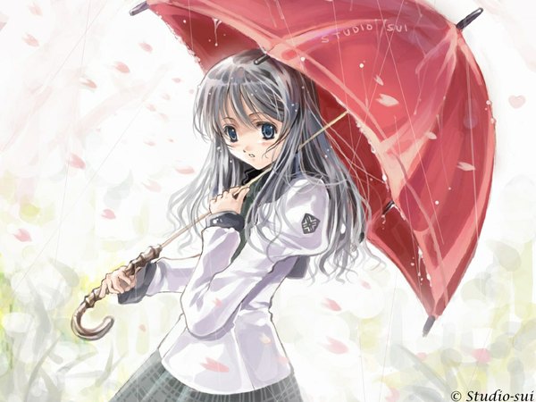 Anime picture 1024x768 with long hair blue eyes white background grey hair rain girl umbrella
