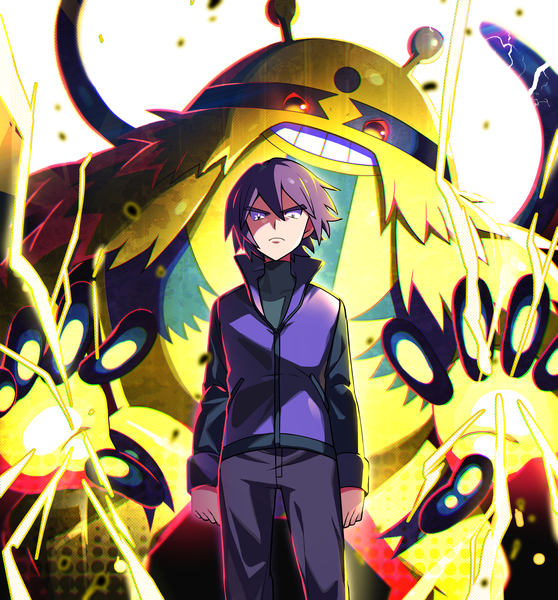 Anime picture 2904x3120 with pokemon pokemon dppt nintendo electivire paul (pokemon) tuze111 single tall image looking at viewer fringe highres short hair hair between eyes standing purple eyes purple hair shaded face electricity gen 4 pokemon boy