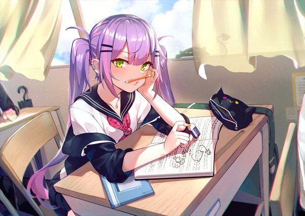 Anime picture 1500x1061 with virtual youtuber hololive tokoyami towa bibi (tokoyami towa) mr.lime long hair looking at viewer blush fringe sitting twintails green eyes payot pink hair sky purple hair cloud (clouds) indoors blunt bangs multicolored hair