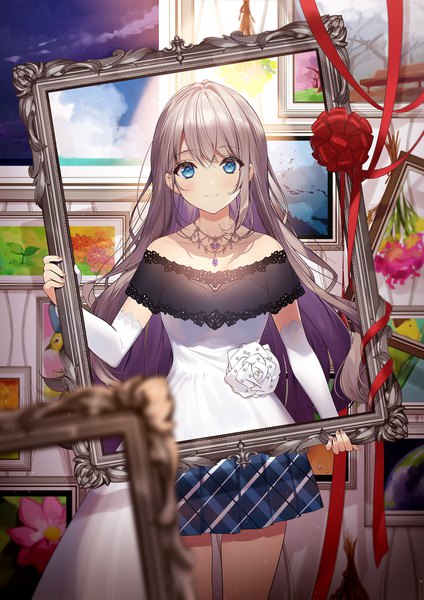 Anime picture 1654x2339 with original visions necomi (gussan) single long hair tall image looking at viewer blush fringe blue eyes smile standing bare shoulders holding silver hair fingernails blurry off shoulder plaid skirt empty picture frame