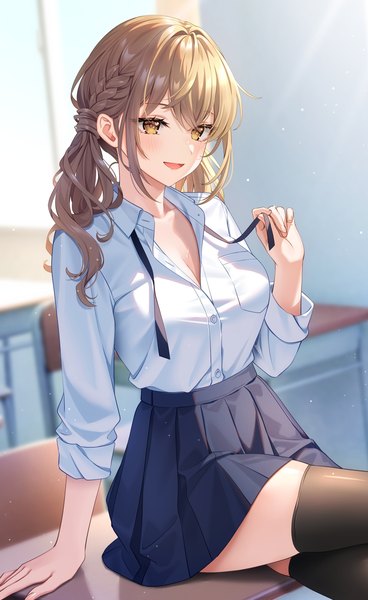 Anime picture 1883x3072 with original fujitatoru single long hair tall image looking at viewer blush fringe highres breasts open mouth smile brown hair sitting twintails brown eyes payot indoors :d pleated skirt