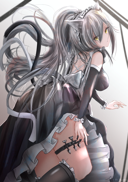 Anime picture 1224x1736 with arknights schwarz (arknights) kayjae single long hair tall image looking at viewer fringe breasts simple background animal ears yellow eyes ponytail tail long sleeves head tilt animal tail looking back grey hair from behind