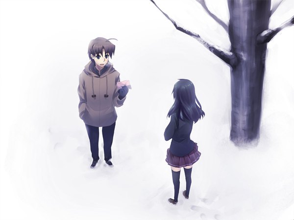 Anime picture 800x600 with katawa shoujo nakai hisao iwanako tagme (artist) long hair short hair open mouth blue eyes black hair brown hair white background ahoge from above from behind light snow hand in pocket bare tree girl boy