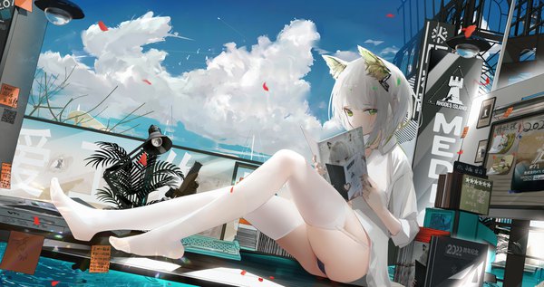Anime picture 6480x3420 with arknights kal'tsit (arknights) omone hokoma agm single looking at viewer fringe highres short hair light erotic wide image sitting holding green eyes animal ears absurdres sky silver hair cloud (clouds) full body bent knee (knees)