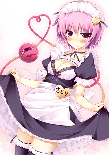 Anime picture 992x1403 with touhou komeiji satori kusano (torisukerabasu) single tall image looking at viewer blush short hair purple eyes purple hair maid girl thighhighs dress black thighhighs headdress maid headdress eyeball