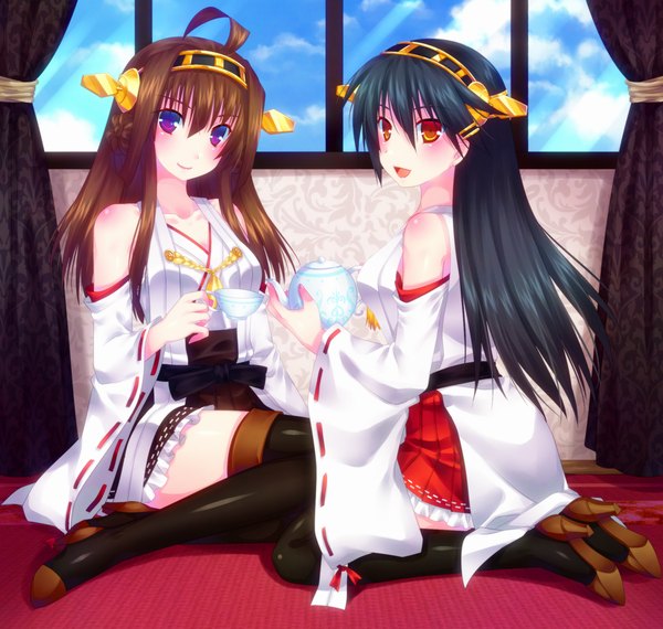 Anime picture 1000x950 with kantai collection kongou battleship haruna battleship door to heaven long hair looking at viewer open mouth black hair brown hair purple eyes multiple girls ahoge orange eyes nontraditional miko girl hair ornament 2 girls detached sleeves thigh boots