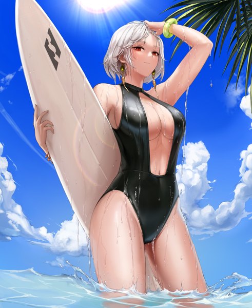 Anime picture 4915x6000 with dungeon and fighter female slayer (dungeon and fighter) sword master (dungeon and fighter) monaim single tall image looking at viewer blush fringe highres short hair breasts light erotic red eyes large breasts holding absurdres sky cleavage silver hair