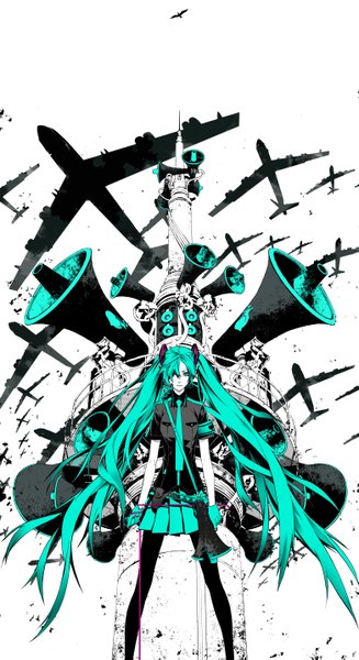 Anime picture 1562x2861 with vocaloid koi wa sensou (vocaloid) hatsune miku miwa shirow single long hair tall image fringe twintails very long hair aqua eyes hair over one eye aqua hair legs girl skirt gloves animal necktie bird (birds)