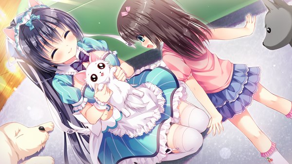 Anime picture 1280x720 with wan nyan a la mode! inuyama michio long hair blush highres open mouth blue eyes black hair smile wide image multiple girls animal ears game cg tail eyes closed animal tail maid girl thighhighs dress