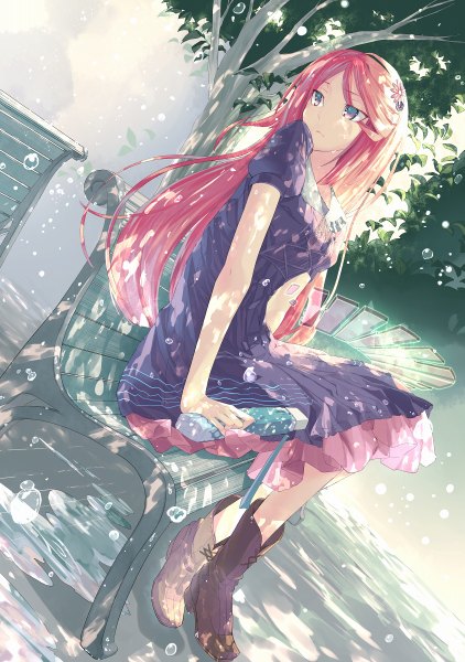 Anime picture 844x1200 with utau namine ritsu umu (pixiv2396283) single long hair tall image sitting purple eyes holding looking away pink hair full body bent knee (knees) outdoors looking back hair flower sunlight short sleeves puffy sleeves otoko no ko