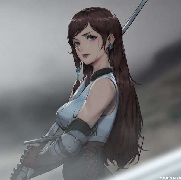 Anime picture 1842x1834 with shadowverse paul (shiramune) single long hair looking at viewer highres breasts brown hair signed parted lips grey eyes sleeveless fog girl gloves weapon earrings sword fingerless gloves elbow pads