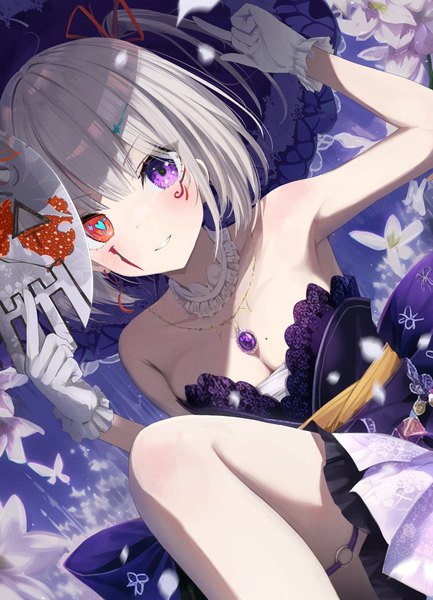Anime picture 3031x4200 with original hidulume single tall image highres short hair breasts light erotic smile purple eyes bare shoulders absurdres cleavage white hair parted lips armpit (armpits) orange eyes heterochromia one side up facial mark