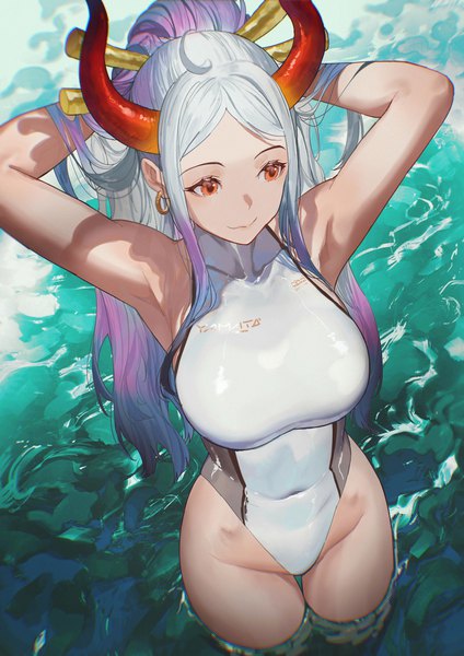 Anime picture 992x1403 with one piece toei animation yamato (one piece) salmon88 single long hair tall image fringe breasts light erotic smile large breasts standing brown eyes looking away silver hair outdoors ponytail horn (horns) from above