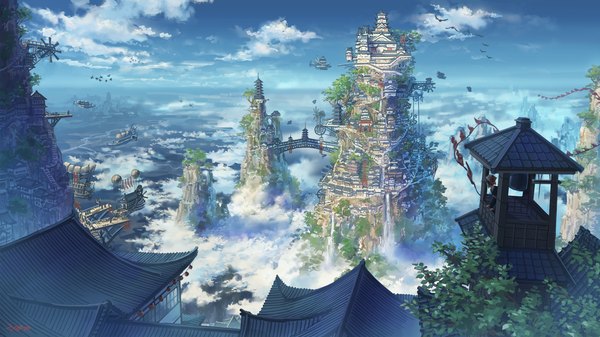 Anime picture 1778x1000 with original miyoshi yoshinori single highres wide image sky cloud (clouds) outdoors landscape architecture east asian architecture girl animal bird (birds) building (buildings) house aircraft bridge roof airship