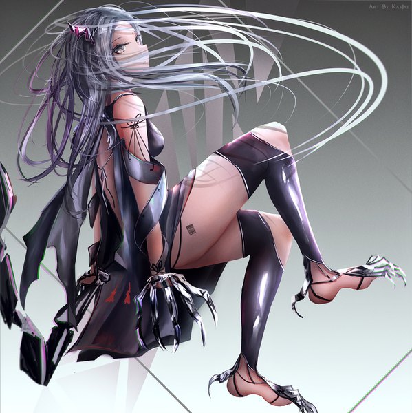 Anime picture 1534x1538 with original kayjae single long hair tall image looking at viewer simple background bare shoulders signed silver hair full body bent knee (knees) parted lips looking back barefoot horn (horns) grey background thighs floating hair back