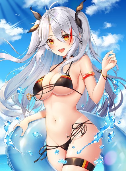 Anime-Bild 1500x2029 mit azur lane prinz eugen (azur lane) prinz eugen (unfading smile) (azur lane) nowsicaa single long hair tall image looking at viewer blush fringe breasts open mouth light erotic smile hair between eyes large breasts standing yellow eyes payot sky