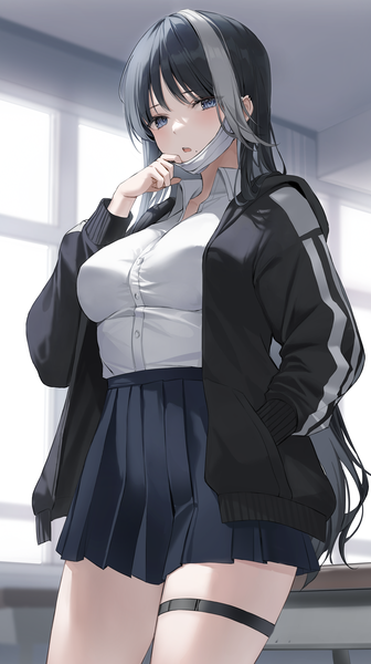 Anime picture 2925x5228 with original 2sham single long hair tall image looking at viewer fringe highres breasts open mouth blue eyes black hair large breasts standing indoors long sleeves pleated skirt multicolored hair arm up mole