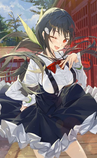 Anime picture 1727x2793 with bakemonogatari shaft (studio) monogatari (series) hachikuji mayoi hxxg single long hair tall image looking at viewer blush fringe highres breasts open mouth black hair smile red eyes large breasts standing sky
