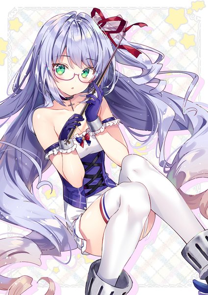 Anime picture 636x900 with azur lane l'opiniatre (azur lane) riichu single long hair tall image looking at viewer blush fringe open mouth simple background hair between eyes bare shoulders holding green eyes payot blue hair bent knee (knees) pleated skirt :o
