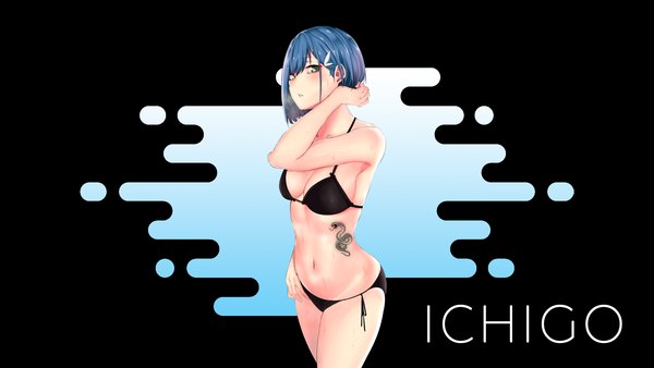 Anime picture 1920x1080 with darling in the franxx studio trigger ichigo (darling in the franxx) kuraken single looking at viewer blush fringe highres short hair breasts open mouth light erotic simple background hair between eyes wide image green eyes blue hair parted lips arm up