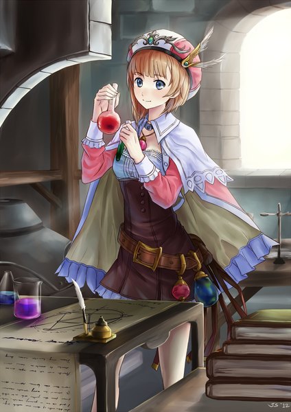 Anime picture 720x1018 with atelier (series) atelier rorona gust (company) rororina fryxell maritan (artist) single tall image fringe short hair blue eyes smile brown hair signed girl hat belt window book (books) cape feather (feathers)