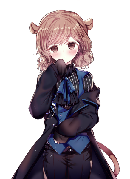 Anime picture 800x1100 with original dabi (dabibubi) single tall image looking at viewer blush fringe short hair brown hair standing brown eyes animal ears tail animal tail off shoulder sleeves past wrists transparent background hand to mouth girl belt