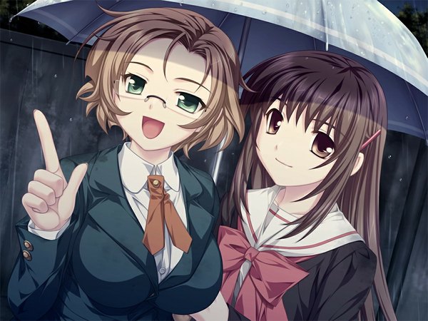 Anime picture 1024x768 with rui wa tomo wo yobu akatsuki-works wakutsu tomo shirasaya iyo brown hair multiple girls brown eyes green eyes game cg girl 2 girls glasses serafuku umbrella