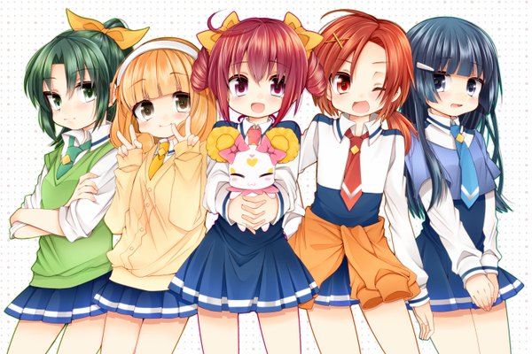 Anime picture 1500x1000 with precure smile precure! toei animation aoki reika kise yayoi midorikawa nao hoshizora miyuki hino akane (smile precure!) candy (smile precure!) norio kkk long hair blush short hair open mouth black hair blonde hair smile red eyes purple eyes multiple girls