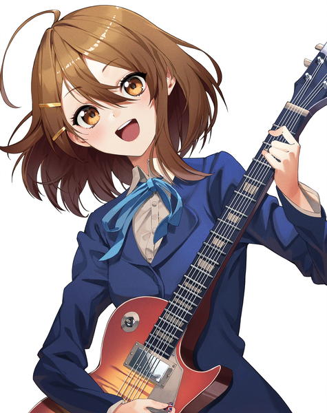 Anime picture 1584x2000 with k-on! kyoto animation hirasawa yui kabu (niniko2ko) single tall image short hair open mouth simple background brown hair white background brown eyes upper body ahoge :d playing instrument girl uniform school uniform bobby pin