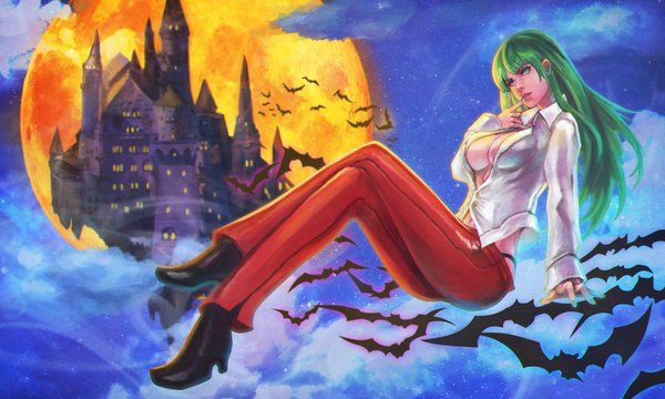 Anime picture 4131x2480 with vampire / darkstalkers (game) capcom morrigan aensland monori rogue single long hair fringe highres breasts light erotic wide image green eyes absurdres nail polish fingernails green hair lips no bra finger to mouth girl
