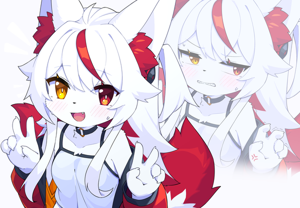 Anime-Bild 2164x1500 mit original dev voxy long hair looking at viewer blush fringe highres breasts open mouth simple background smile hair between eyes red eyes white background animal ears yellow eyes payot ahoge white hair tail