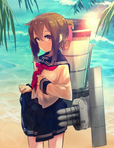 Anime picture 848x1100 with kantai collection inazuma destroyer sohin single long hair tall image looking at viewer hair between eyes brown hair standing brown eyes from above beach girl uniform weapon plant (plants) tree (trees) serafuku sea