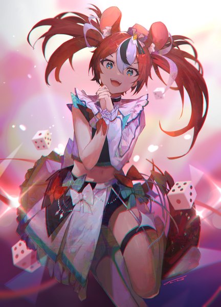 Anime picture 2540x3528 with virtual youtuber hololive hololive english hakos baelz jushoro single long hair tall image looking at viewer fringe highres open mouth blue eyes hair between eyes twintails animal ears red hair head tilt :d multicolored hair