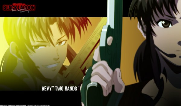 Anime picture 1024x600 with black lagoon madhouse revy (black lagoon) short hair black hair smile wide image black eyes zoom layer girl weapon gun pistol
