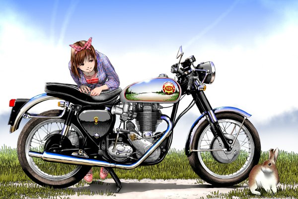 Anime picture 1800x1200 with original sco (scopedog85) single highres short hair brown hair girl bow plant (plants) hair bow grass bunny motorcycle
