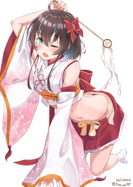 Anime picture 1449x2048 with virtual youtuber hololive natsuiro matsuri ebi frion (natsuiro matsuri) natsuiro matsuri (4th costume) timo wei95 single tall image fringe short hair open mouth light erotic simple background hair between eyes brown hair white background signed ahoge traditional clothes japanese clothes