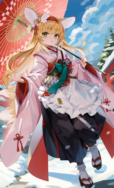 Anime picture 1522x2500 with arknights suzuran (arknights) suzuran (yukibare) (arknights) chen ying (alan-yut) single long hair tall image looking at viewer blonde hair green eyes animal ears sky cloud (clouds) full body outdoors tail traditional clothes japanese clothes animal tail fox ears