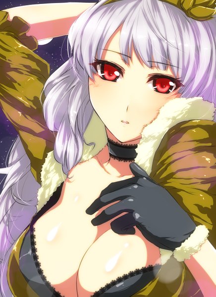 Anime picture 1000x1375 with idolmaster shijou takane erobouzu (artist) single long hair tall image breasts light erotic red eyes large breasts silver hair hand on chest beyond the nobles girl gloves