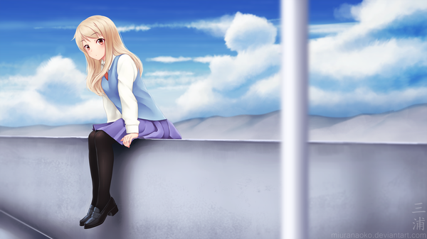 Anime picture 2560x1440 with sakura-sou no pet na kanojo j.c. staff shiina mashiro miura-n315 single long hair looking at viewer blush fringe highres blonde hair wide image sitting brown eyes sky cloud (clouds) girl skirt uniform school uniform