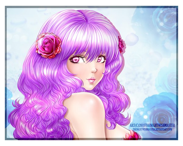 Anime picture 2000x1600 with original thenightwishmaster single long hair highres purple hair pink eyes hair flower lips lipstick framed pink lipstick girl flower (flowers) rose (roses)