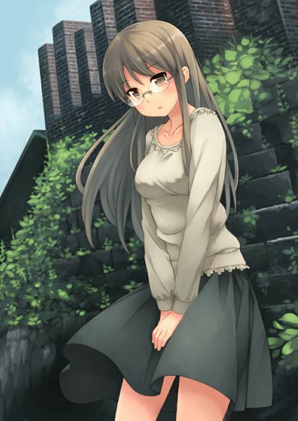 Anime picture 780x1100 with original kouno hikaru single long hair tall image looking at viewer blush brown hair brown eyes girl dress skirt plant (plants) glasses