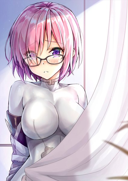 Anime picture 700x988 with fate (series) fate/grand order mash kyrielight qin liangyu (fate) kotatsu (kotatsu358) single tall image looking at viewer blush fringe short hair breasts light erotic large breasts purple eyes holding pink hair upper body parted lips hair over one eye