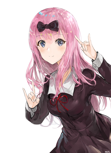 Anime picture 1600x2200 with kaguya-sama wa kokurasetai ~tensai-tachi no renai zunousen~ a-1 pictures fujiwara chika chan1moon single long hair tall image looking at viewer blush fringe breasts blue eyes simple background smile standing white background signed pink hair blunt bangs leaning