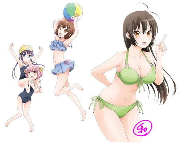 Anime picture 1350x1052 with danchigai nakano mutsuki nakano satsuki nakano uzuki nakano yayoi yoneda kazusa long hair looking at viewer fringe short hair breasts open mouth blue eyes light erotic black hair simple background hair between eyes brown hair large breasts standing